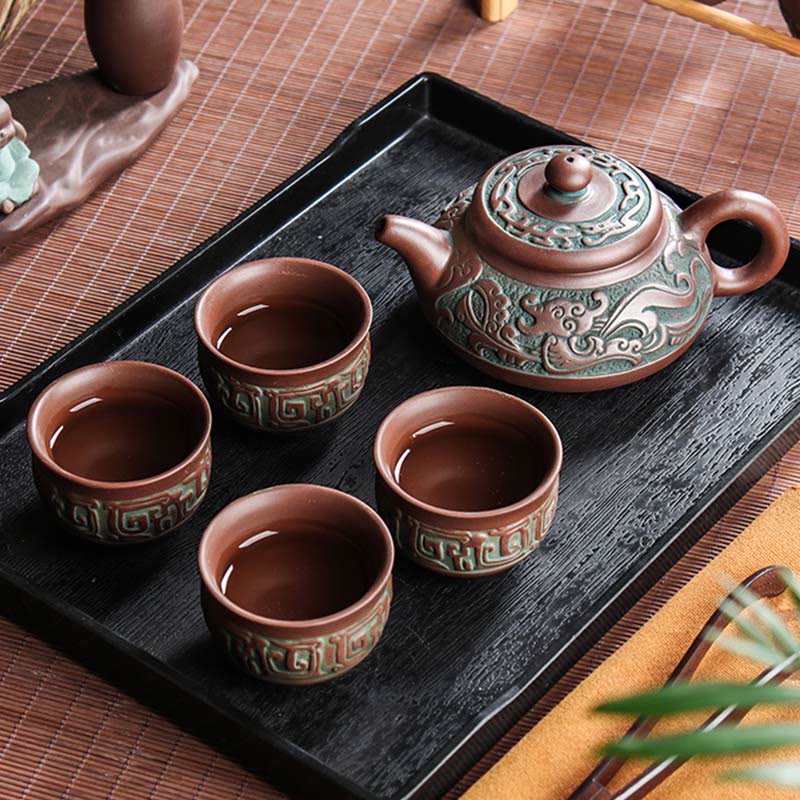 Buddha Stones Auspicious Clouds Dragon Phoenix Chinese Gongfu Tea Set Ceramic Teapot