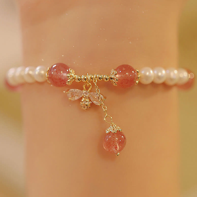 Buddha Stones Natural Pearl Strawberry Quartz Healing Cute Honey Bee Charm Bracelet