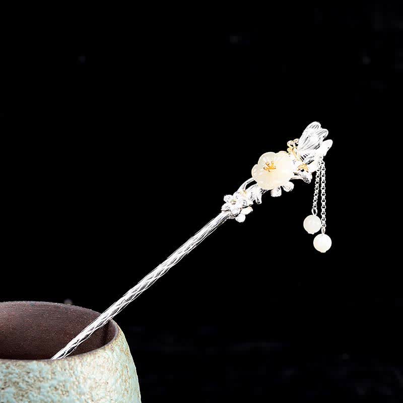 925 Sterling Silver Hetian White Jade Flower Blessing Hairpin