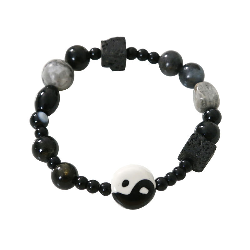 Buddha Stones Black Onyx Picasso Jasper Bead Yin Yang Fortune Protection Bracelet