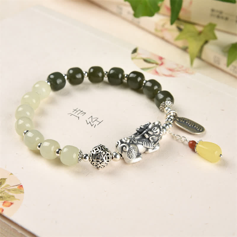 925 Sterling Silver Natural Hetian Jade Amber PiXiu Luck Bracelet