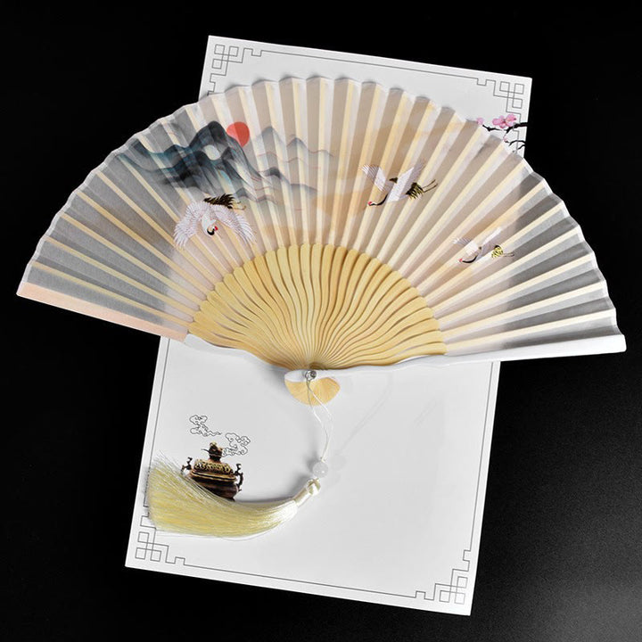 Buddha Stones Vintage Cloud Crane Pattern Handheld Bamboo Folding Fan