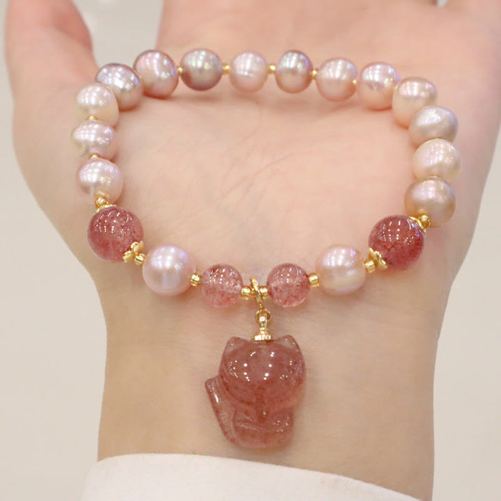 Buddha Stones Natural Pearl Strawberry Quartz Cute Fox Love Healing Charm Bracelet