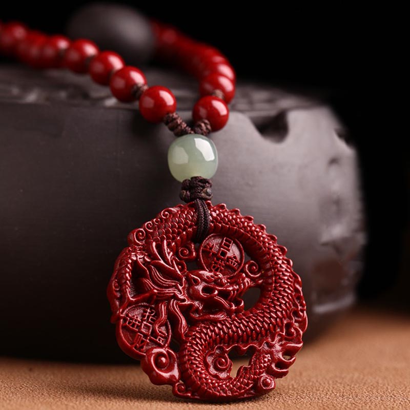 Buddha Stones Year Of The Dragon Natural Cinnabar Hetian Jade Bead Copper Coin Attract Wealth Strength Necklace Pendant