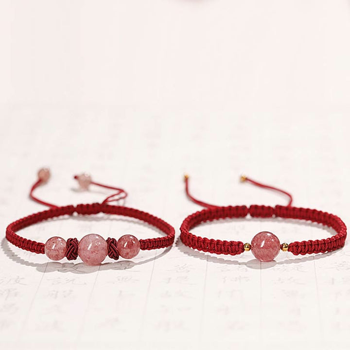 Buddha Stones Natural Strawberry Quartz Crystal Love Red String Weave Bracelet Anklet