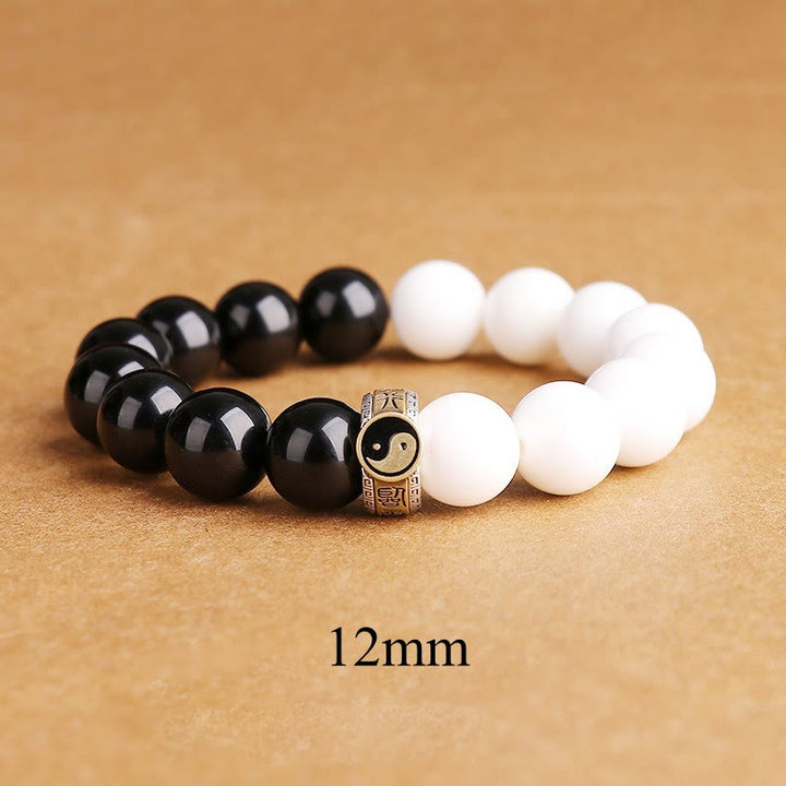 Buddha Stones 925 Sterling Silver Black Obsidian White Shell Yin Yang Strength Bracelet