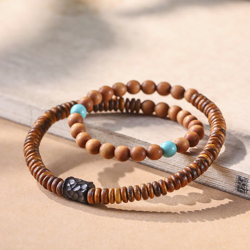 Buddha Stones Sandalwood Small Leaf Red Sandalwood Thuja Sutchuenensis Boxwood Turquoise Protection Double Wrap Bracelet