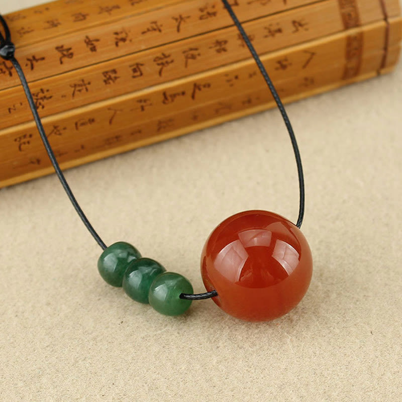 Buddha Stones Red Agate Green Aventurine Green Bodhi Seed Bead Calm Leather Rope Necklace Pendant