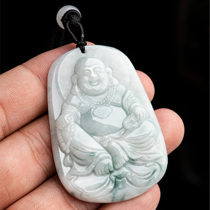 Buddha Stones Natural Jade Laughing Buddha Maitreya Buddha Luck String Necklace Pendant