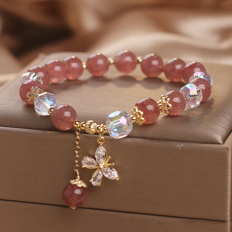 Buddha Stones Natural Strawberry Quartz Love Healing Butterfly Charm Bracelet