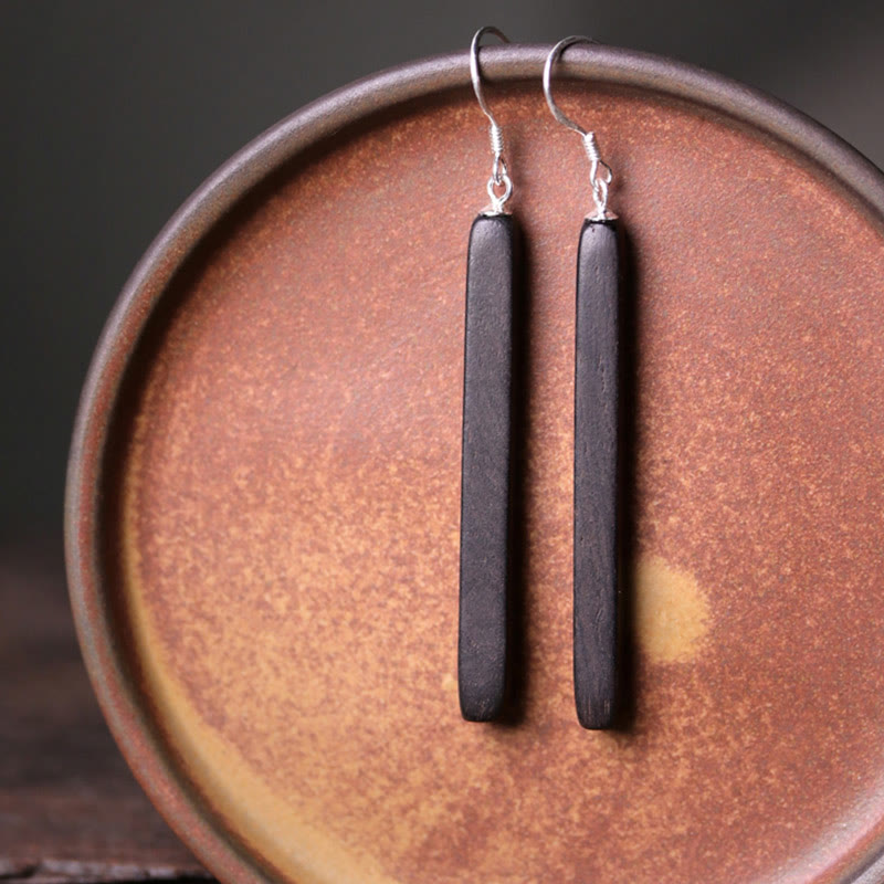 Buddha Stones 925 Sterling Silver Ebony Wood Texture Balance Peace Drop Dangle Earrings