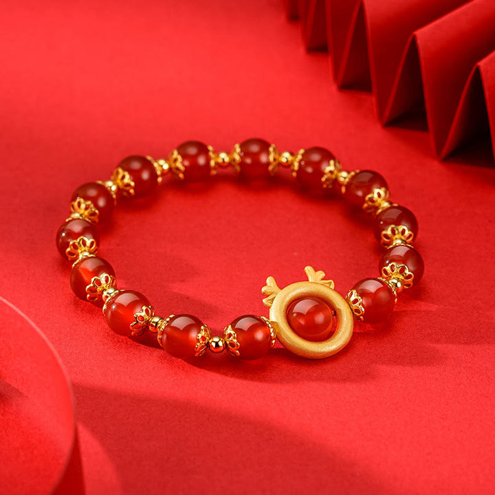 Buddha Stones 925 Sterling Silver Year of the Dragon Natural Red Agate Lovely Dragon Luck Bracelet