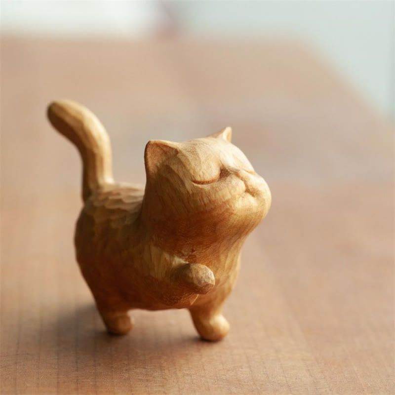 Buddha Stones Mini Thuja Sutchuenensis Boxwood Cute Cat Kitten Carved Prosperity Decoration