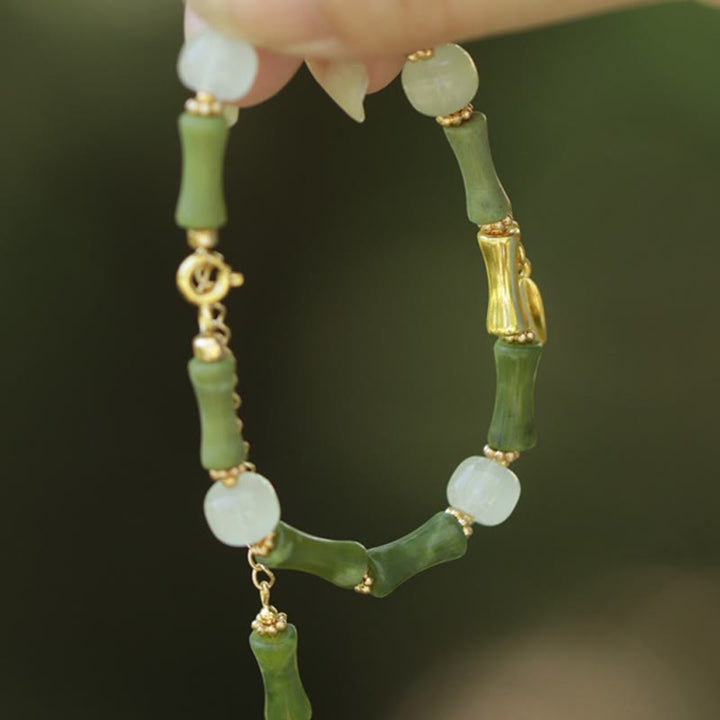 Buddha Stones Green Bamboo Jade Lily of the Valley Wealth Bracelet