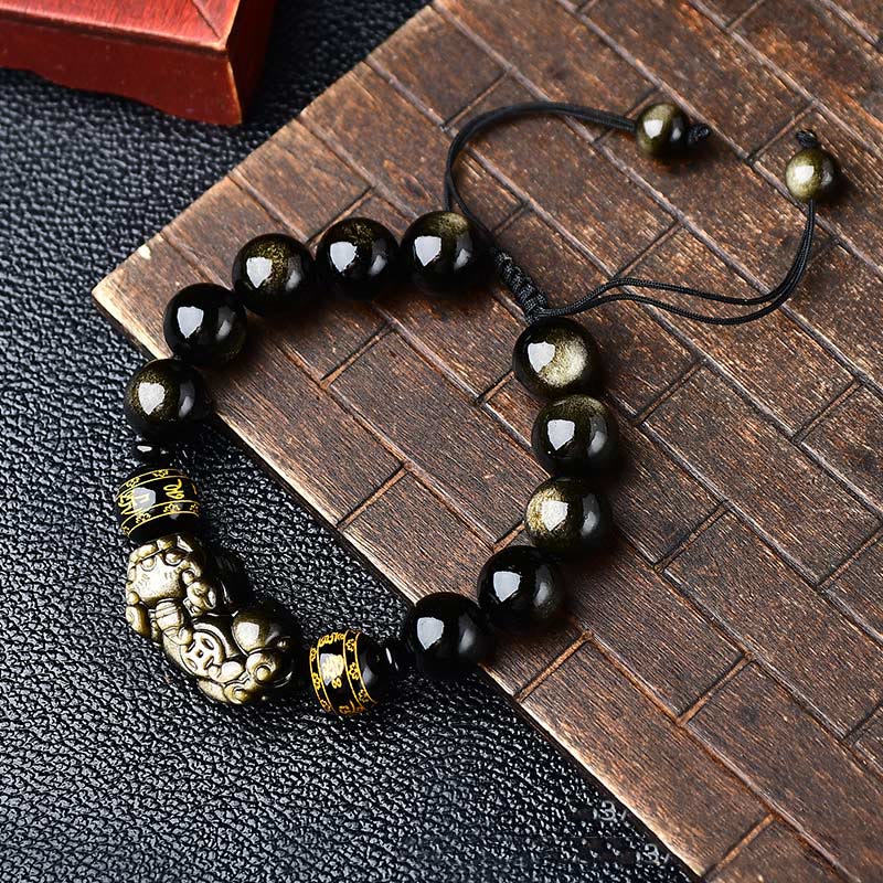 Buddha Stones Natural Gold Sheen Obsidian PiXiu Om Mani Padme Hum Wealth Braided Bracelet