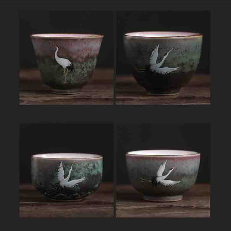 Buddha Stones Auspicious Crane Ceramic Teacup Kung Fu Tea Cup Bowl