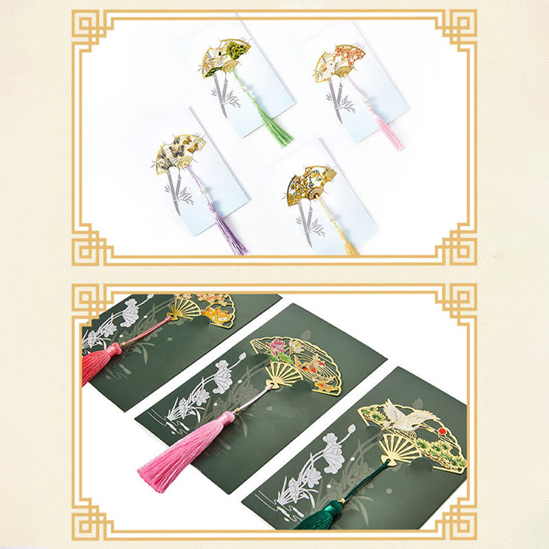 Buddha Stones Traditional Butterfly Lotus Flower Crane Dragon Phoenix Fox Koi Fish New Beginning Metal Brass Hollow Fan Bookmarks