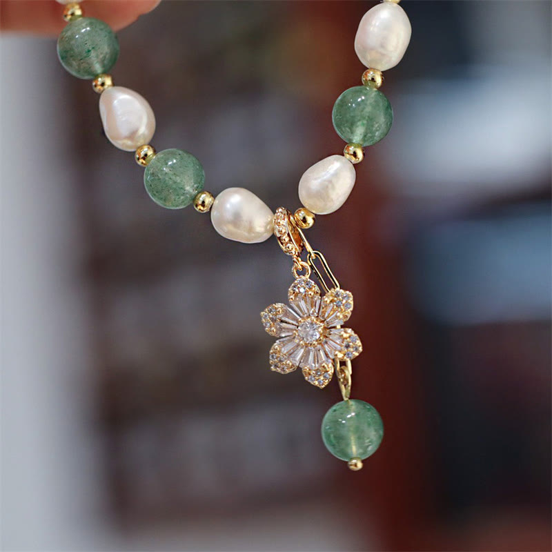 Buddha Stones Natural Green Strawberry Quartz Pearl Flower Charm Love Bracelet