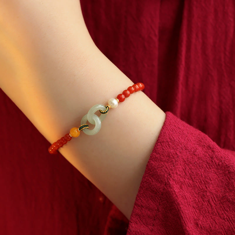 Buddha Stones Natural Red Agate Hetian Jade Double Peace Buckle Confidence Bracelet