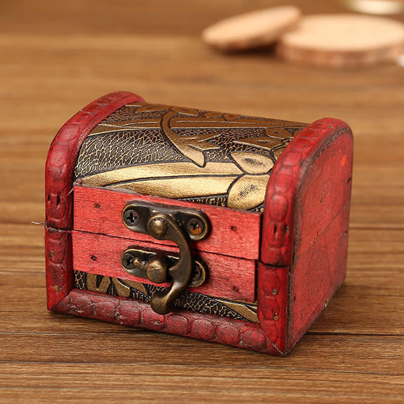 Buddha Stones Retro Small Wood Jewelry Box Lotus Golden Grape Copper Coin Daffodil Grass Flower Jewelry Storage Box