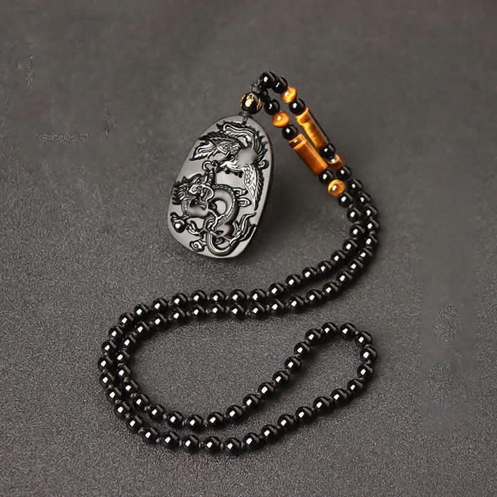 Black Obsidian Tiger Eye Dragon Phoenix Protection Beaded Necklace Pendant