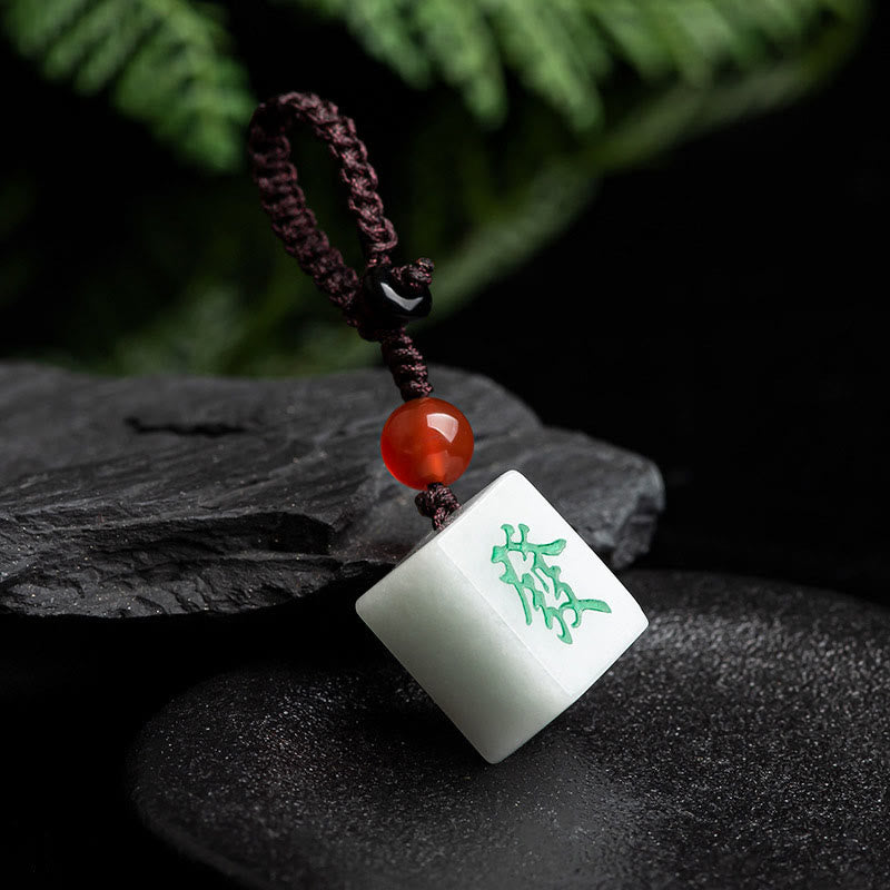 Buddha Stones Natural Jade Mahjong Fa Character Wealth Prosperity Phone Hanging Key Chain Decoration