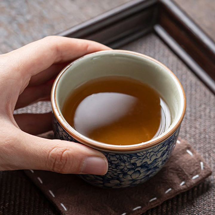 Buddha Stones Blue Lotus Peach Blossom Chrysanthemum Design Ceramic Teacup Kung Fu Tea Cups