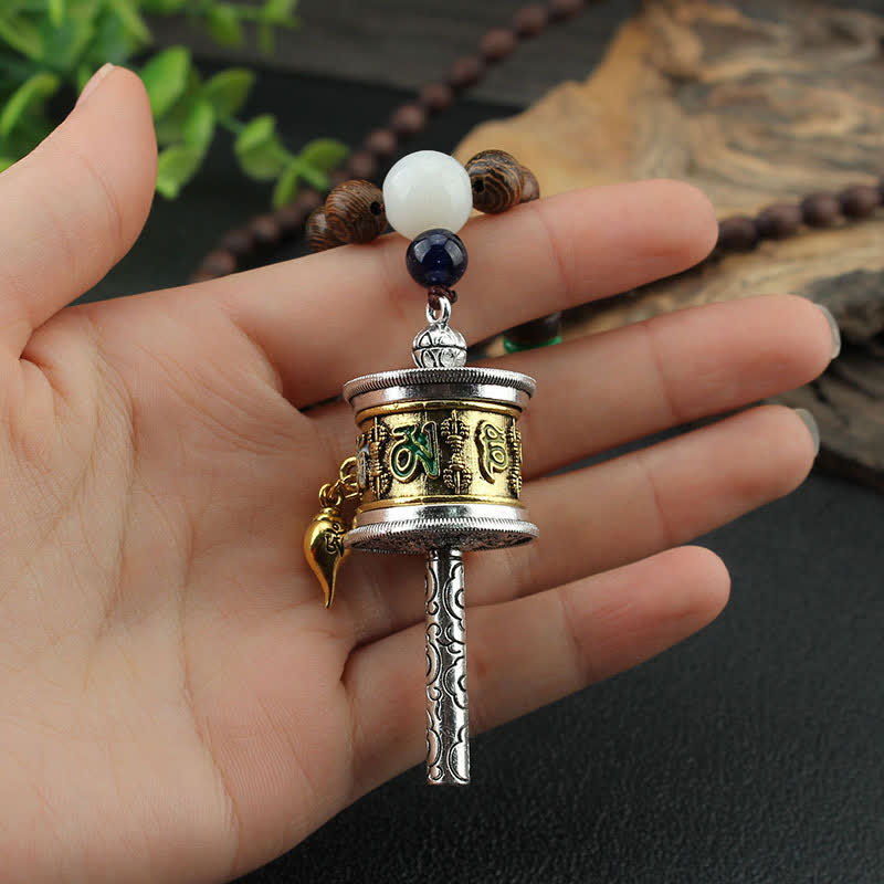 Buddha Stones Tibetan Om Mani Padme Hum Prayer Wheel Rotation Vajra Wood Necklace Pendant