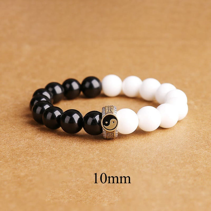 Buddha Stones 925 Sterling Silver Black Obsidian White Shell Yin Yang Strength Bracelet