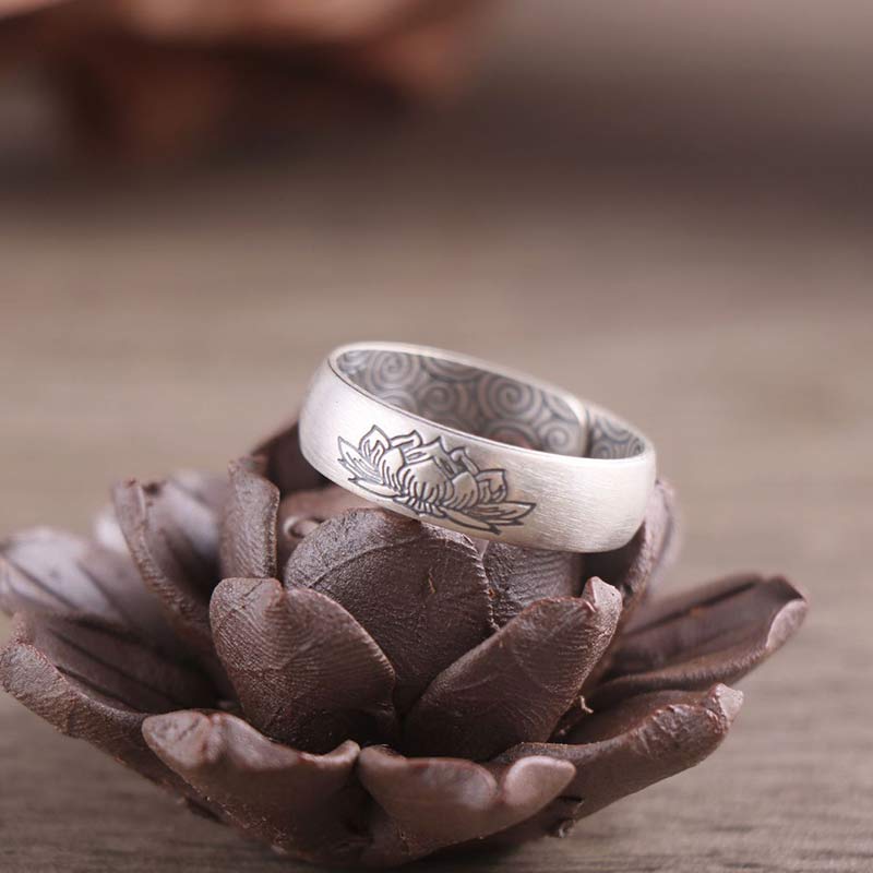 Buddha Stones 999 Sterling Silver Lotus Elephant Six True Words Blessing Ring