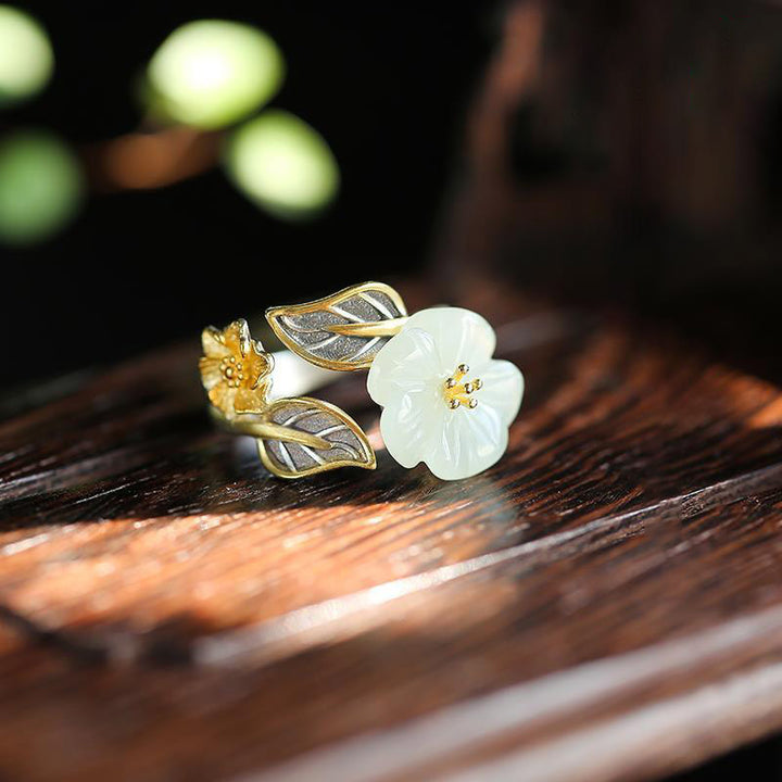 Buddha Stones 925 Silver Plated Copper White Jade Plum Flower Leaf Luck Ring