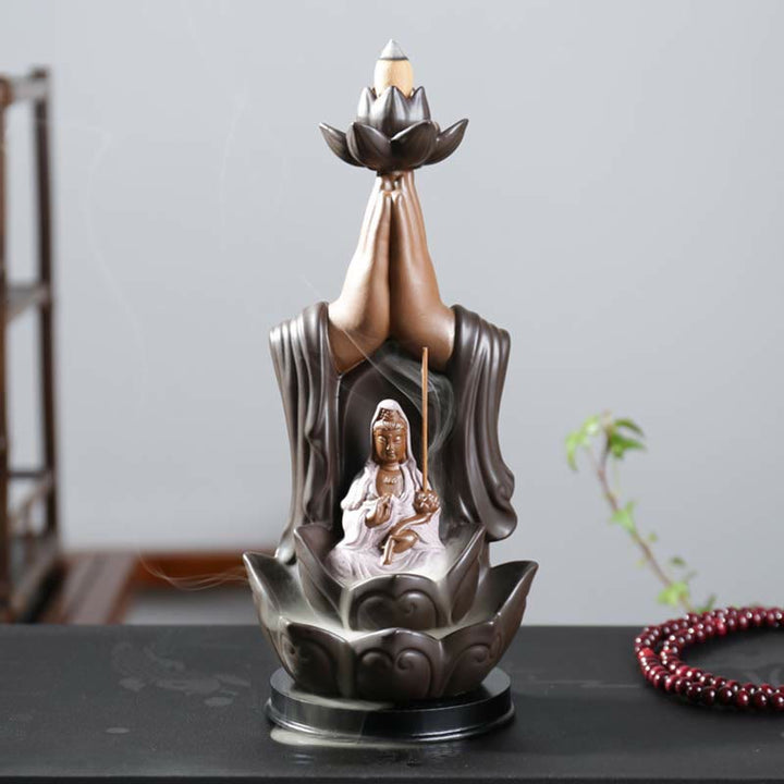 Buddha Avalokitesvara Chenrezig Ksitigarbha Ceramic Lotus Blessing Backflow Incense Burner