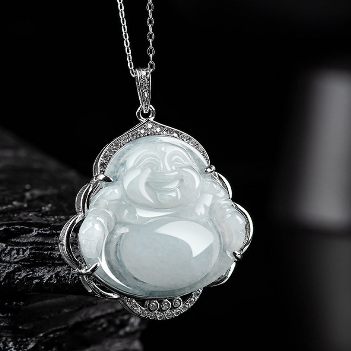 Buddha Stones 925 Sterling Silver Laughing Buddha Natural Jade Abundance Necklace Pendant