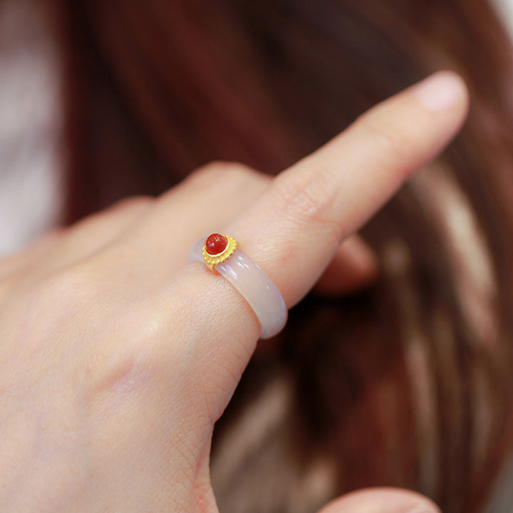 Buddha Stones White Agate Cyan Jade Turquoise Red Agate Luck Protection Ring