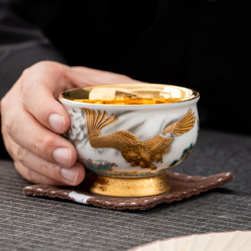 Buddha Stones Golden Eagle Auspicious Dragon Sun Ocean Waves Gilt Ceramic Teacup Kung Fu Tea Cup