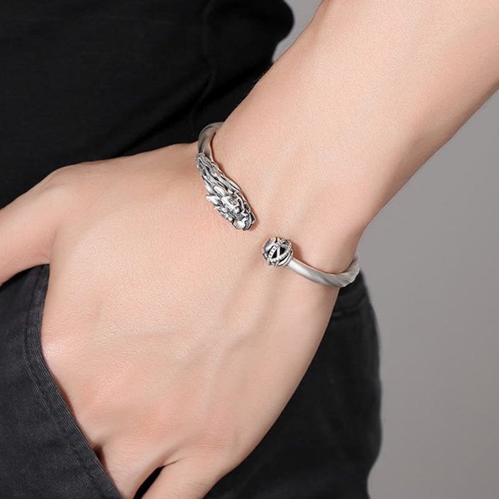 Buddha Stones 999 Sterling Silver Year of the Dragon Luck Strength Metal Cuff Bracelet Bangle