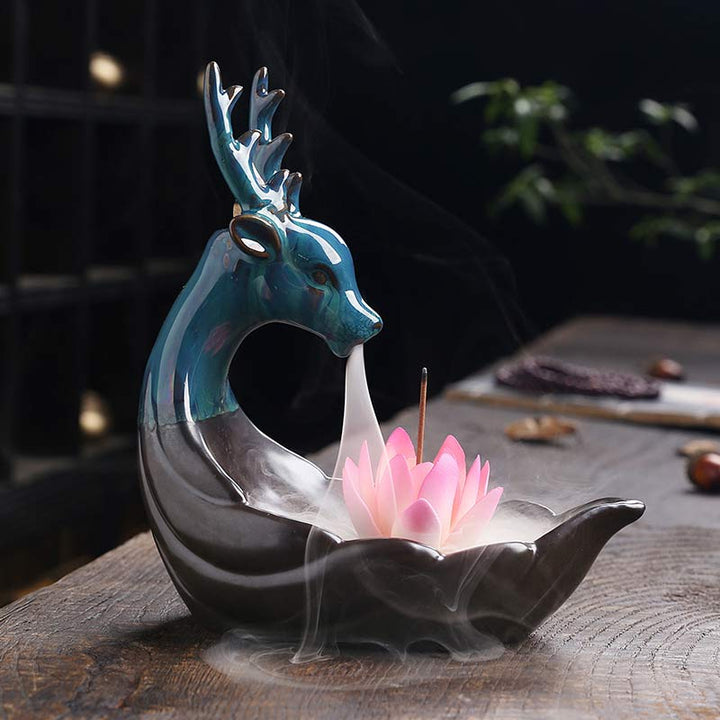 Buddha Stones Little Deer Ceramic Lotus Meditation Incense Burner Decoration