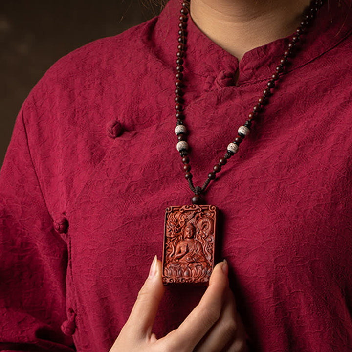 Chinese Zodiac Natal Buddha Small Leaf Red Sandalwood Protection Necklace Pendant