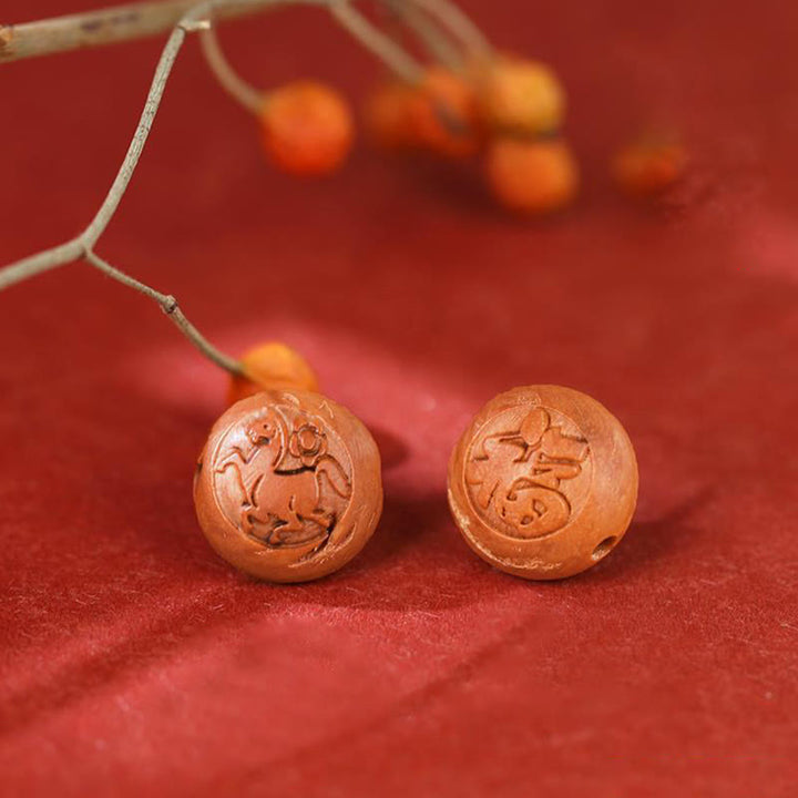 Buddha Stones Natural Peach Wood Chinese Zodiac Fu Character Carved Cinnabar Wealth Bracelet