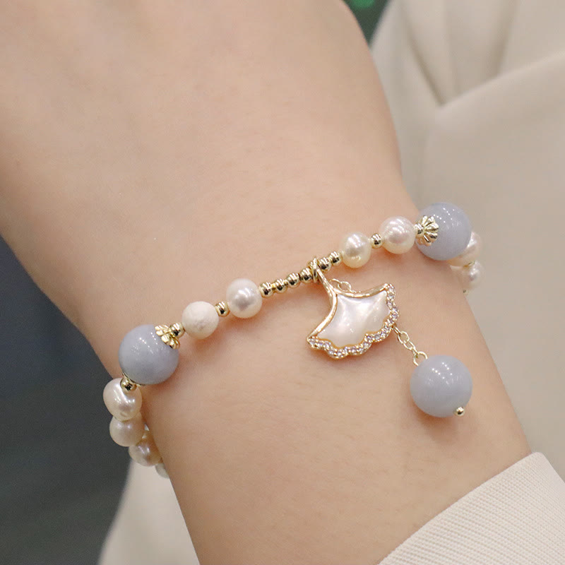 Buddha Stones Natural Aquamarine Pearl Healing Ginkgo Leaf Butterfly Charm Bracelet