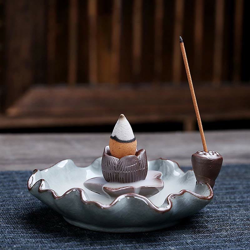 Lotus Plum Blossom Square Ceramic Spiritual Backflow Incense Burner