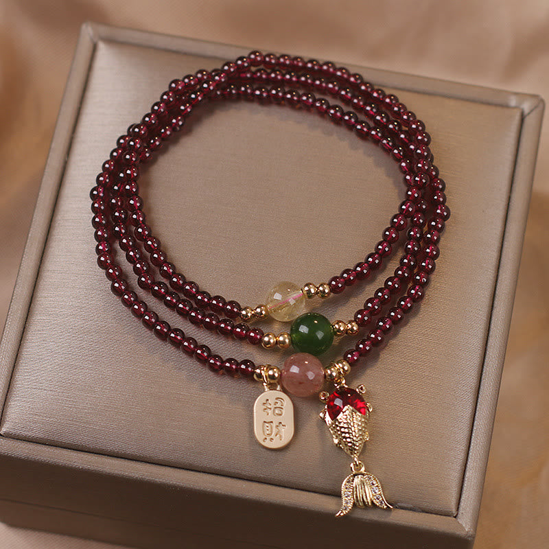 Buddha Stones Natural Garnet Strawberry Quartz Crystal Fox Koi Fish Peace Buckle Fortune Protection Triple Wrap Bracelet