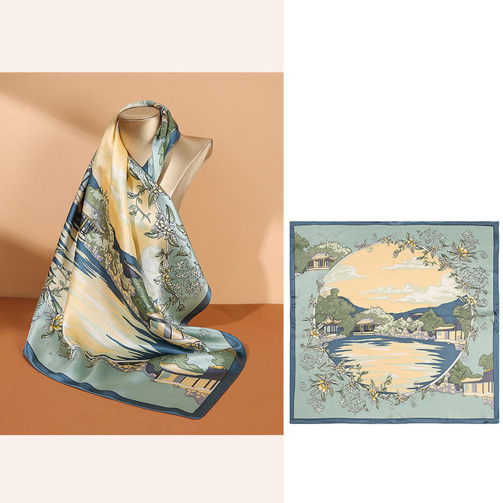 Buddha Stones Pastoral Scene Hot Air Balloon Spring Blossom 100% Mulberry Silk Neck Hair Scarf