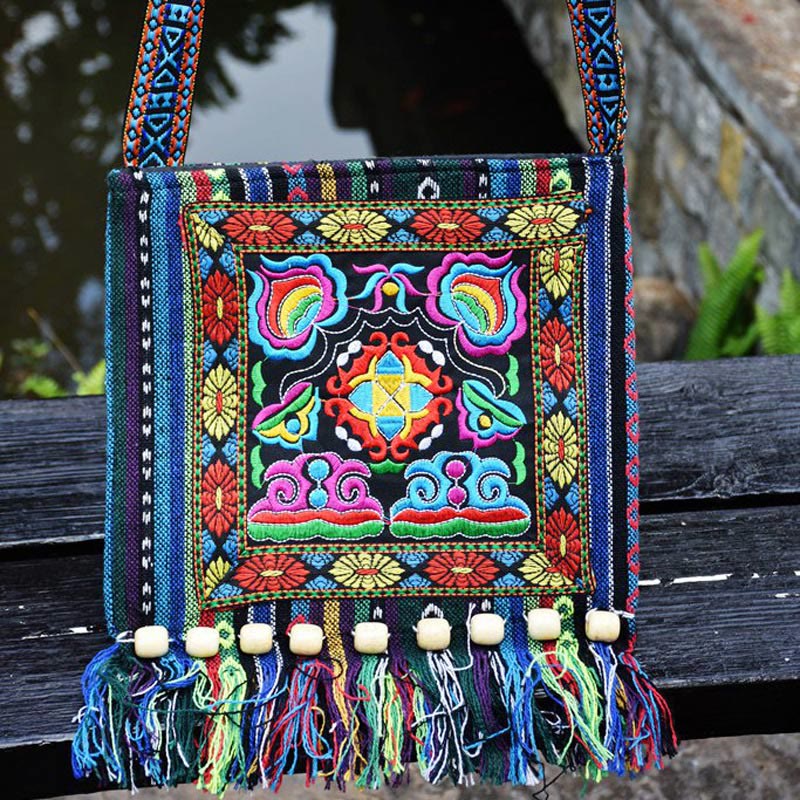 Tibetan Handmade Embroidered Camellia Canvas Shoulder Bag Crossbody Bag