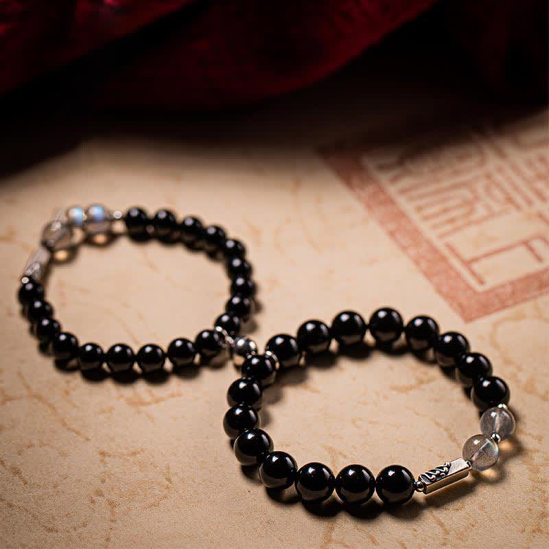 925 Sterling Silver Obsidian Moonstone Strength Couple Bracelet