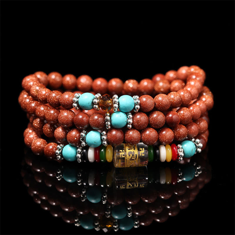 Buddha Stones 108 Mala Beads Goldstone Om Mani Padme Hum Swastika Confidence Bracelet