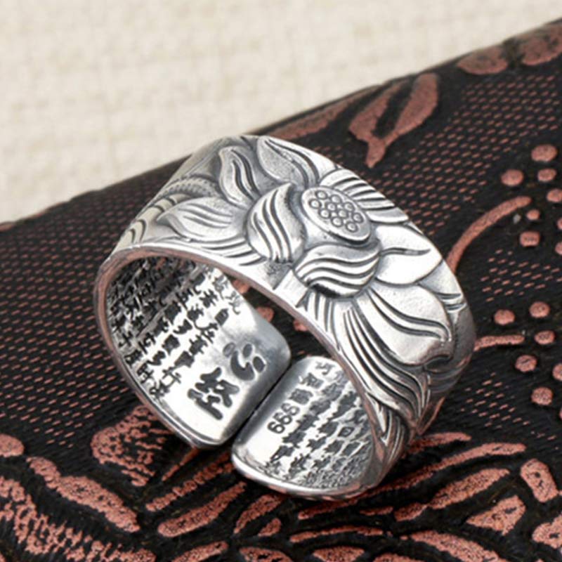 Buddha Stones 999 Sterling Silver Lotus Symbol Heart Sutra Protection Ring