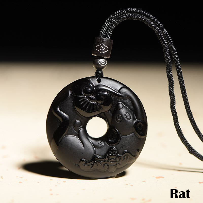 Buddha Stones Chinese Zodiac Natural Black Obsidian Peace Buckle Strength Necklace Pendant