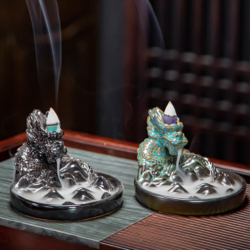 Dragon Pattern Ceramic Backflow Smoke Fountain Incense Burner Decoration