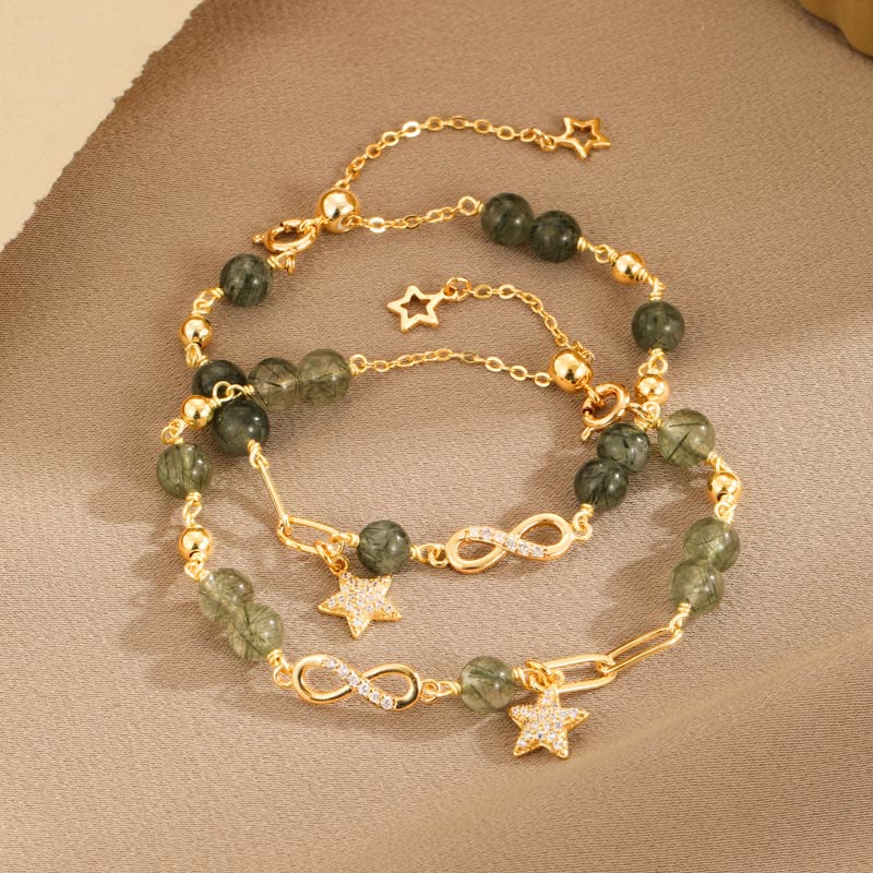 Buddha Stones 14K Gold Green Rutilated Quartz Möbius Loop Eternal Love Star Protection Bracelet